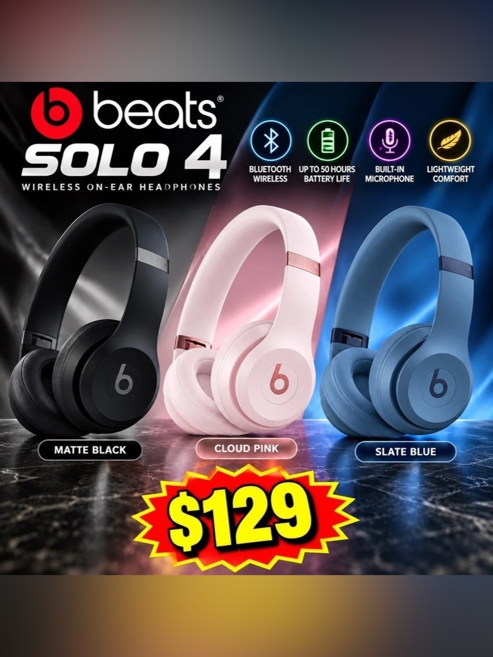 MATTE BLACK - Beats Solo 4 Wireless On-Ear Headphones